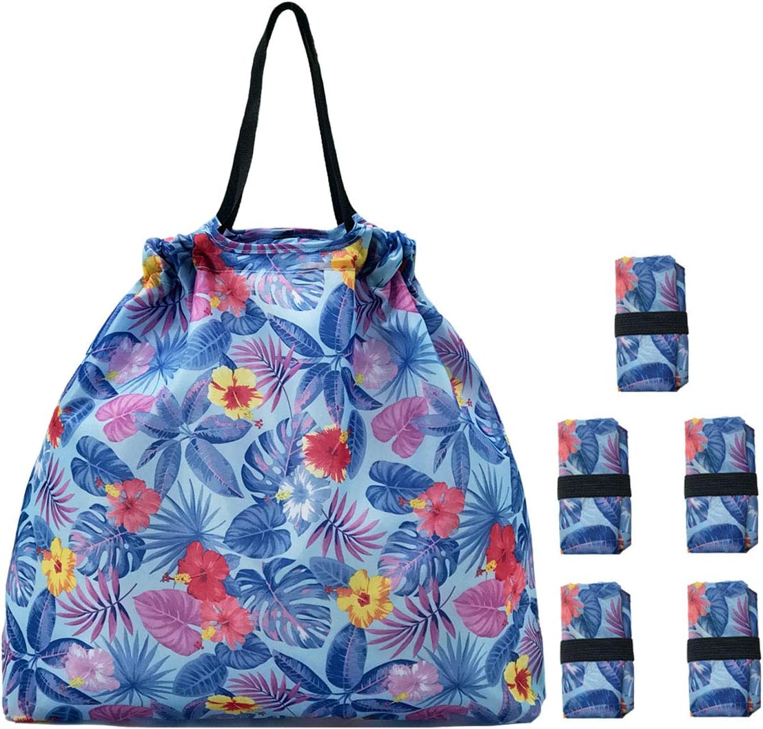 5 Pack Drawstring Foldable Shopping Nylon Bags Blue Tropical HRS03