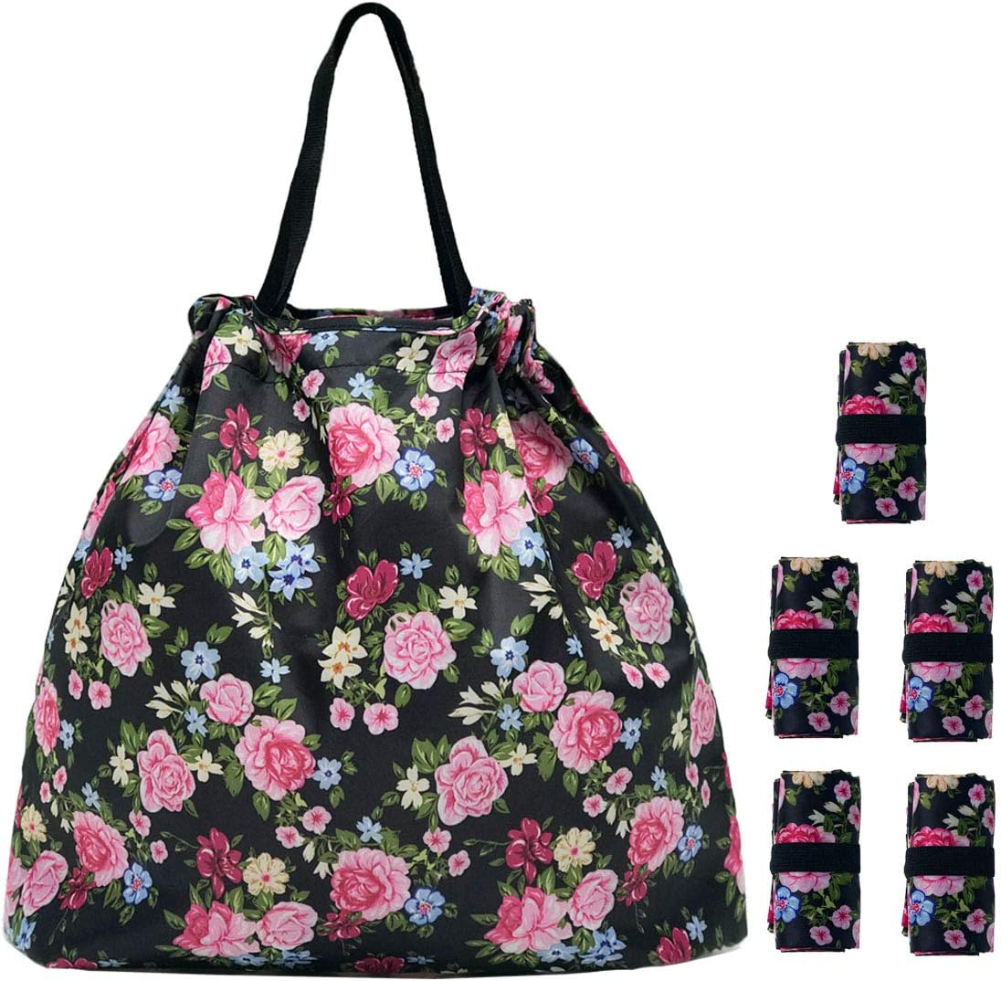 5 Pack Drawstring Foldable Shopping Nylon Bags Deep Floral HRS03