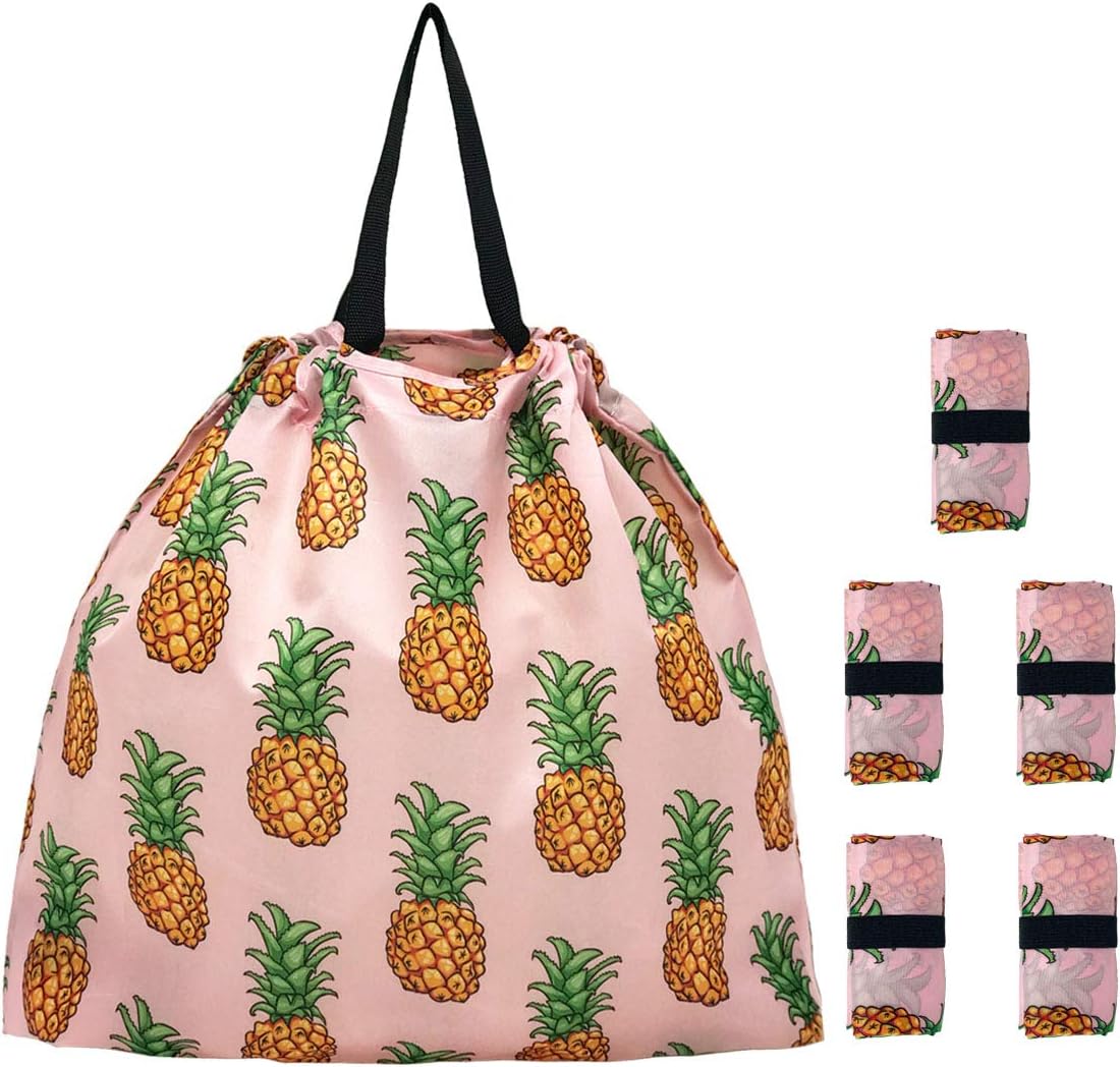 5 Pack Drawstring Foldable Shopping Nylon Bags Pineapple HRS03