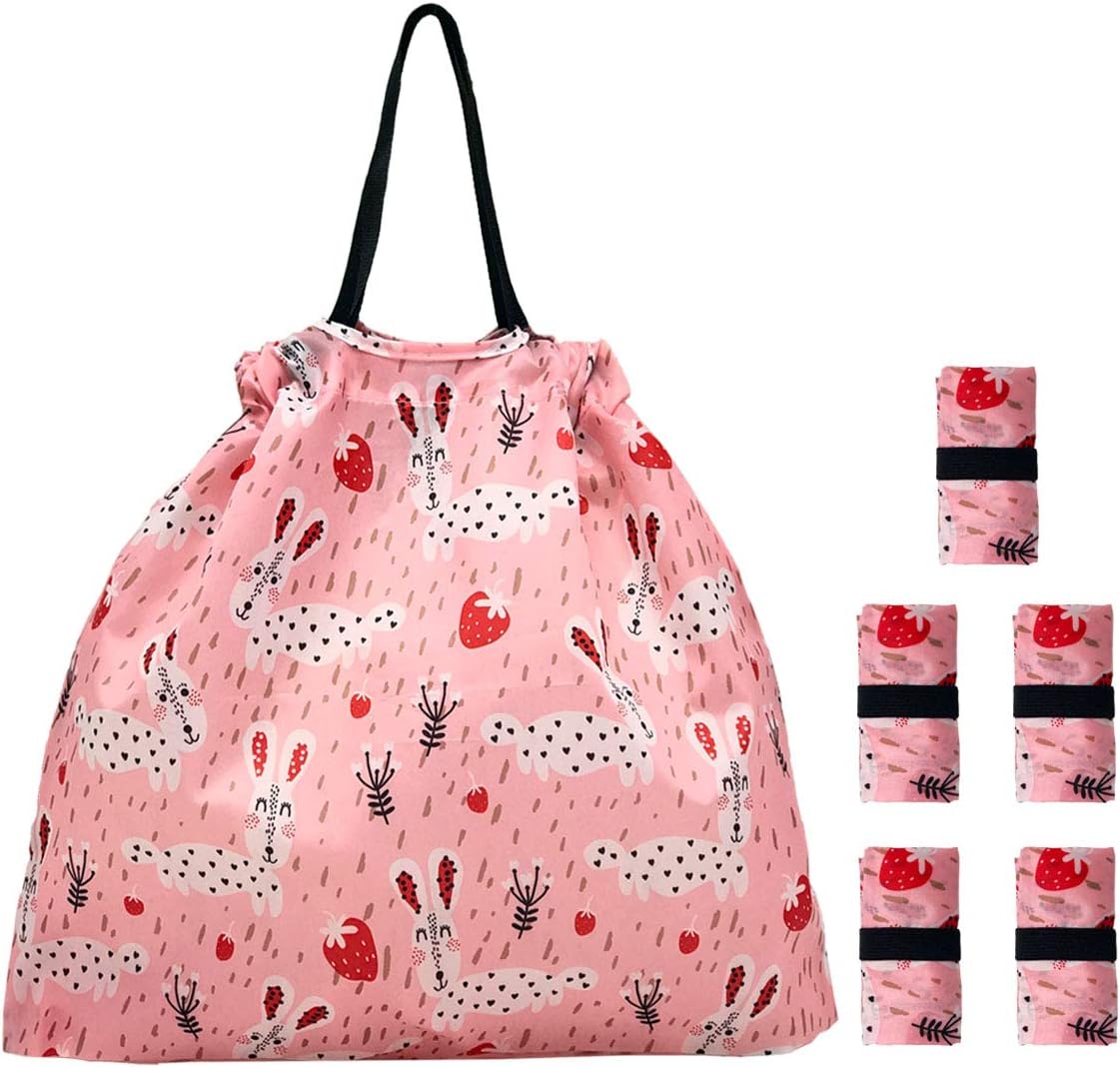 5 Pack Drawstring Foldable Shopping Nylon Bags Pink Rabbit HRS03