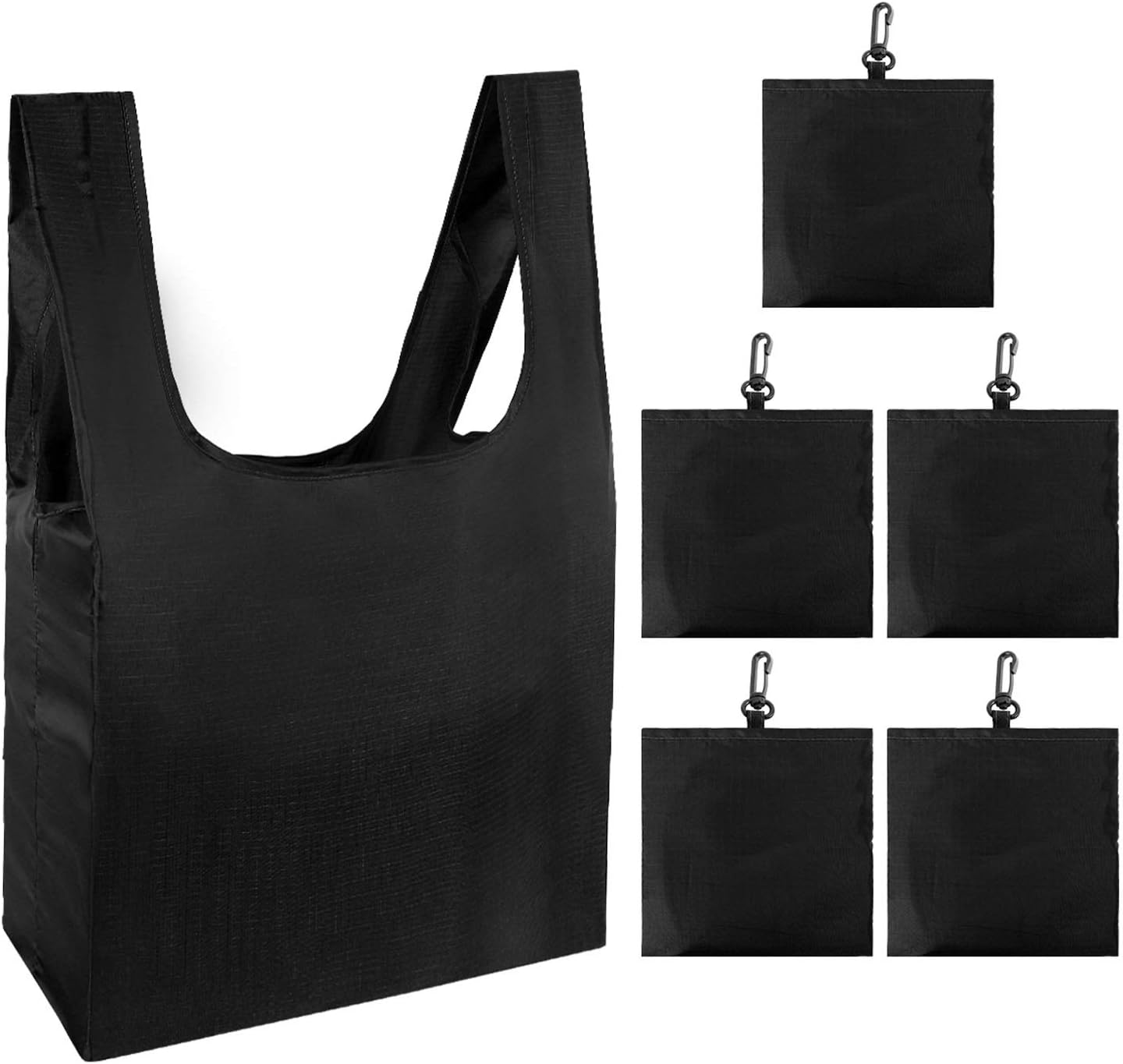 5 Pack Foldable Shoping Bags Tote Bulk Nylon Bags with Handles Black