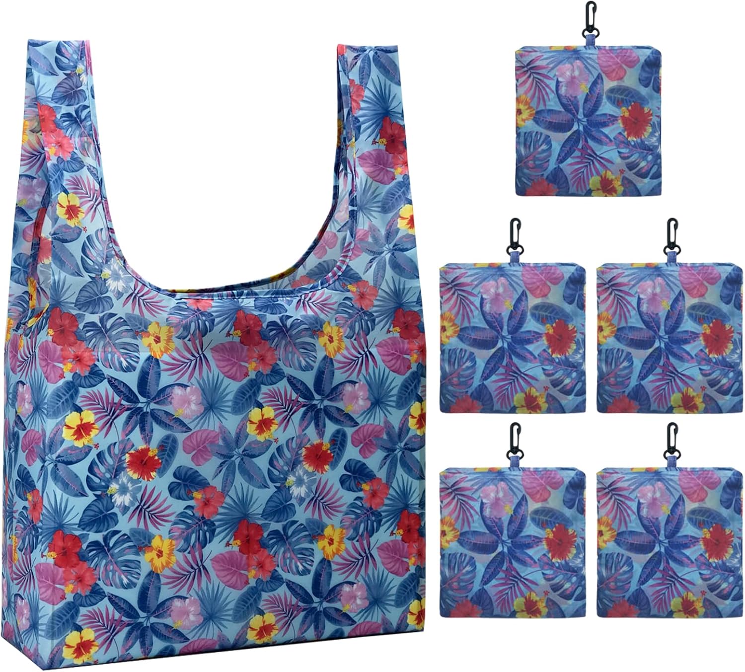 5 Pack Foldable Shoping Bags Tote Bulk Nylon Bags with Handles Blue Tropical