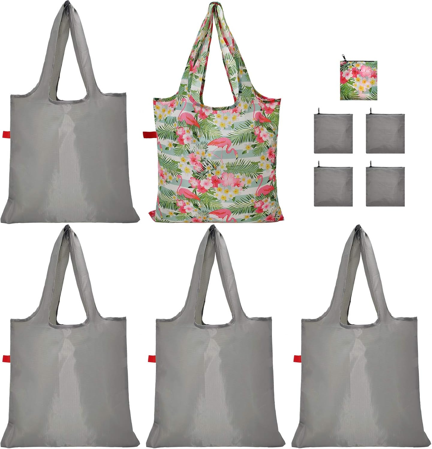 5 Pack Tote Bags Bulk Nylon Bags Grey Pink Flamingo