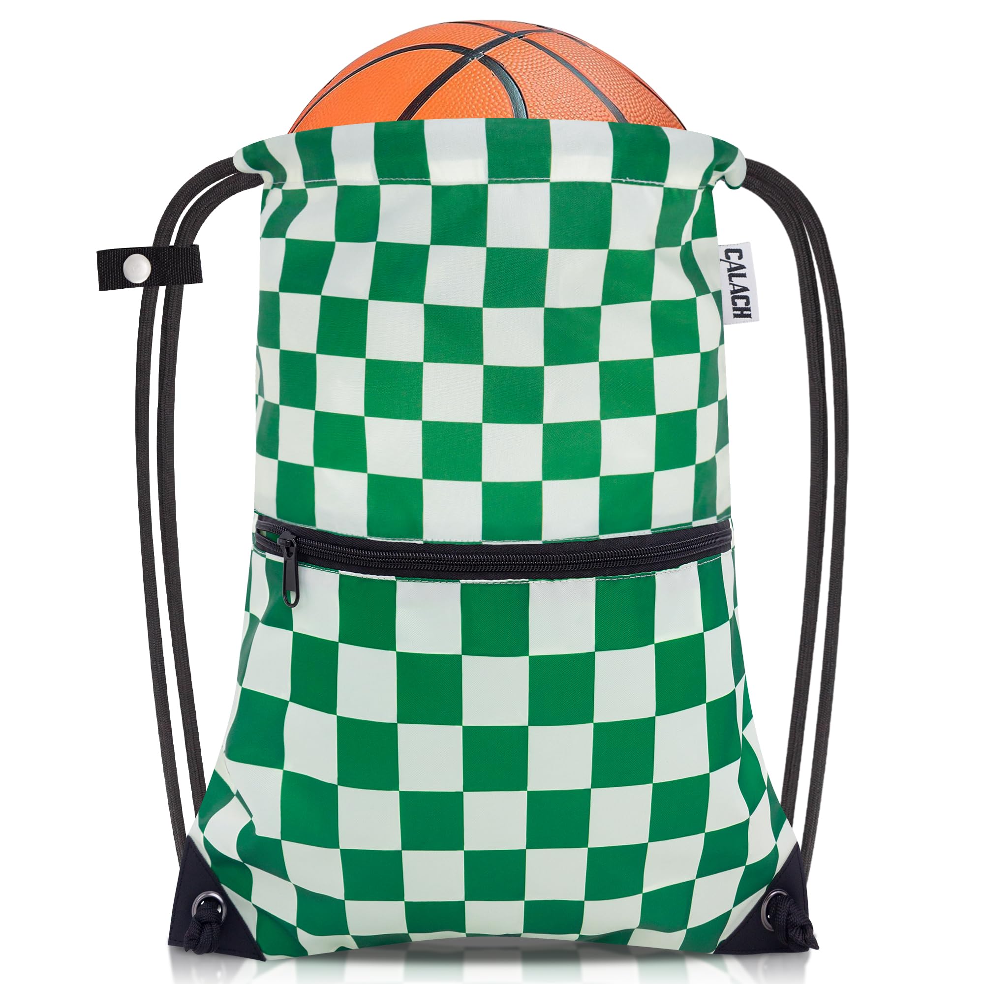 CALACH Drawstring Backpack Bag Sport Gym Sackpack White and Green Grid HLC004