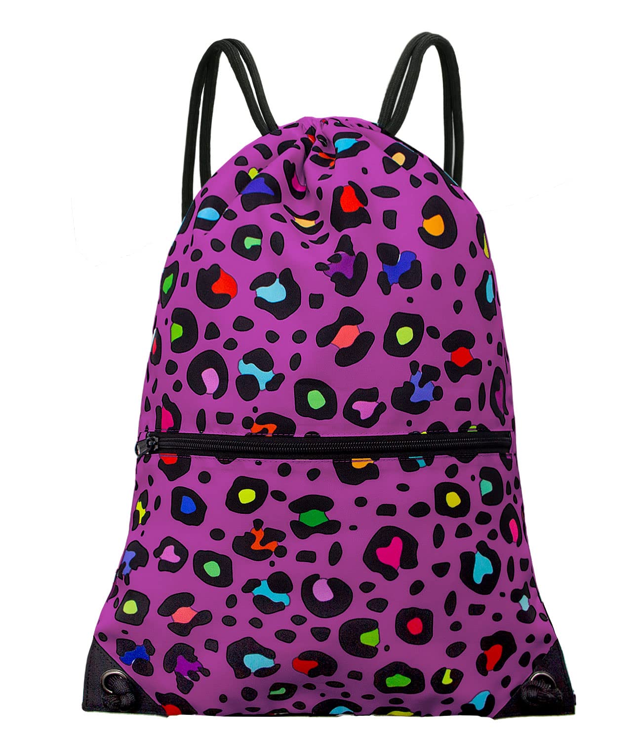 Drawstring Backpack Bag Sport Gym Sackpack Colorful Purple Leopard HLC001