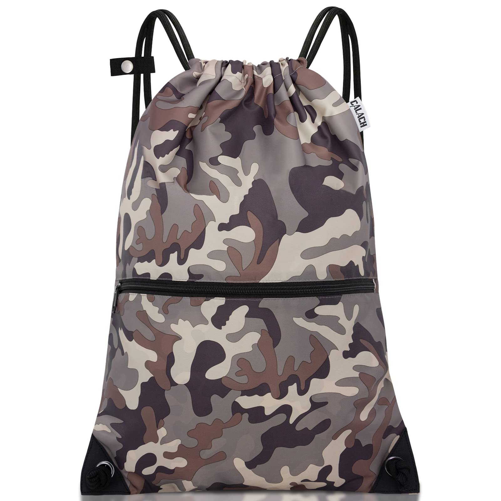 Drawstring Backpack Sports Gym Bag With Multi Pockets Brown Camo HLC004