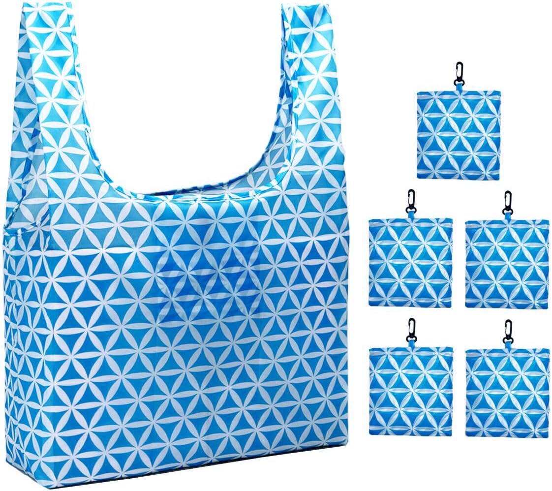 Reusable Grocery Bags Foldable Shoping Bags with Handles, 5 Pack Tote Bags Bulk Nylon Bags, Waterproof & Lightweight