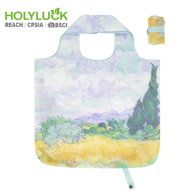 Portable Trend Gift Sublimation Polyester Foldable Reusable Foldable Shopping Bag with Double Layers Stronger Handles