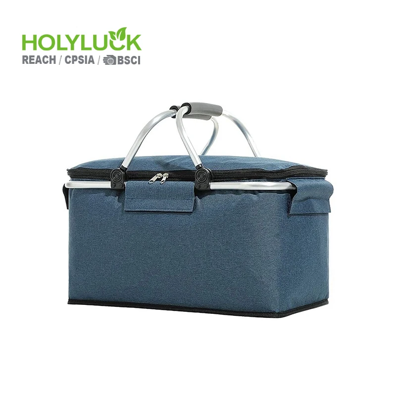 600d Polyester Portable Outdoor Camping Beach Collapsible Picnic Basket Insulated Folding Cooler Shopping Basket with Handles