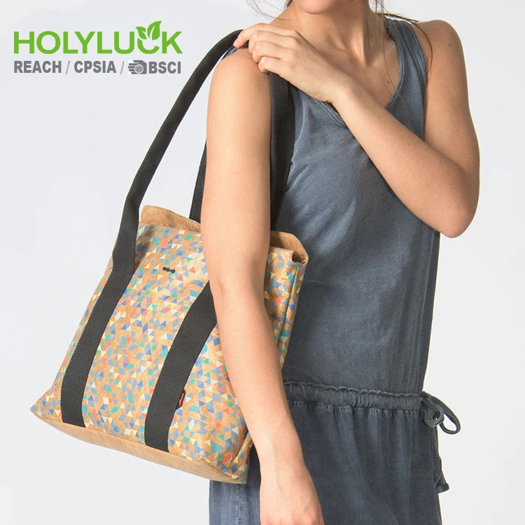 Brown Custom logo Printed Hot Sale Custom Waterproof Dupont Kraft Paper Groceries Shopping Tyvek Tote Bag Double Handles