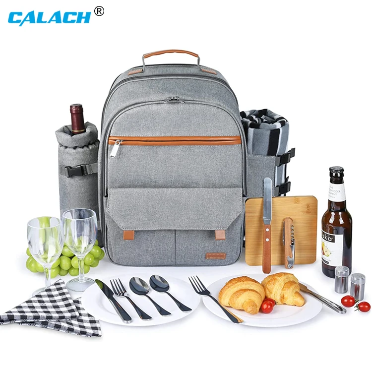 Calach Outdoor Insulated 2 Person Bag Cooler Lunch Insulated Picnic Backpack With Wine Holder Blanket