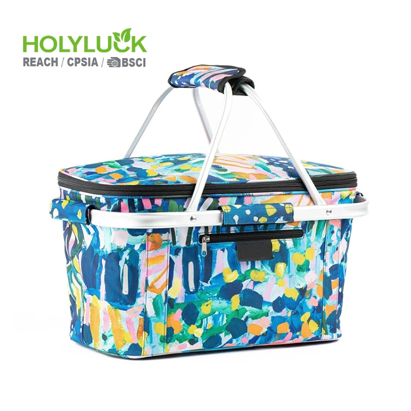 Custom Graffiti Printing Large Insulated Folding Picnic Basket Foldable Food Picnic Shopping Basket for Outdoor
