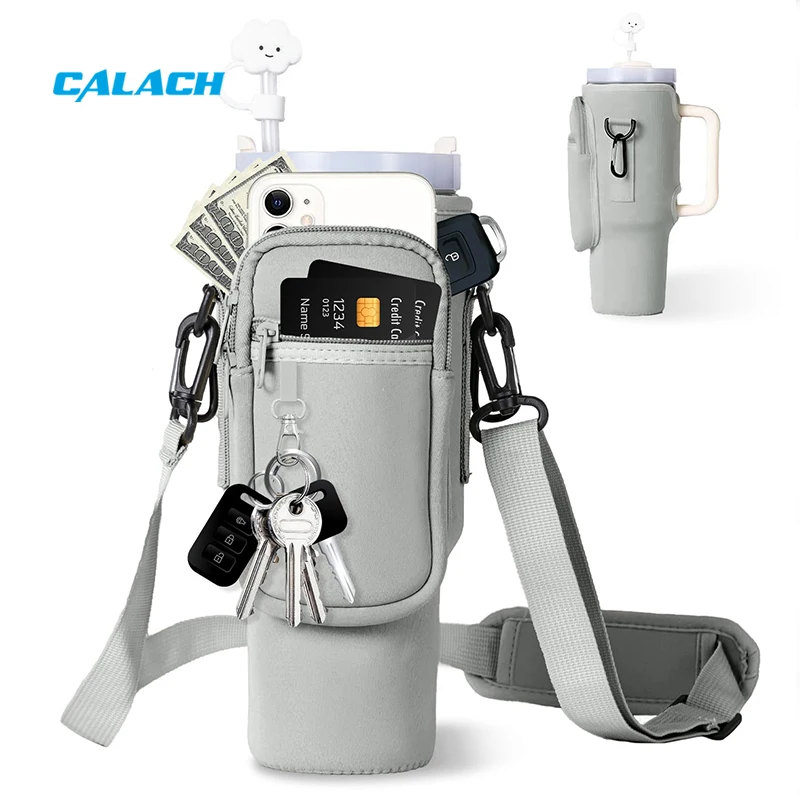 Custom Neoprene 40oz Water Bottle Holder with Phone Pocket Adjustable Strap Insulated Carrier Bag for Gym Hiking Outdoor Fitness