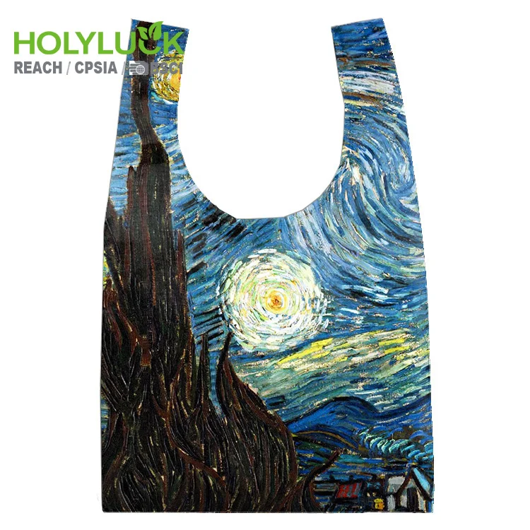 Custom Print Art Pattern Reusable Foldable Supermarket Shopping Bag Eco Friendly Polyester Folding Tote Bag