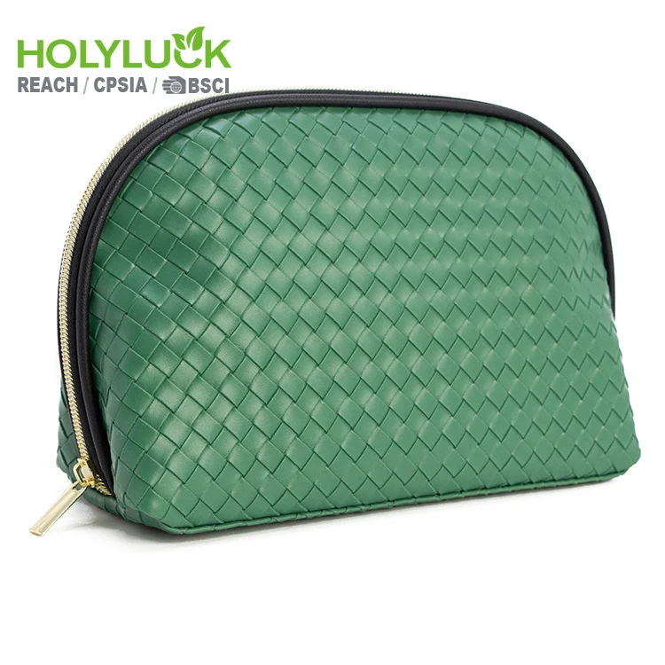 Custom logo Half Moon Shell Small Beauty Cosmetic Bag Green Vintage Woven Pu Leather Makeup Bag Pouch