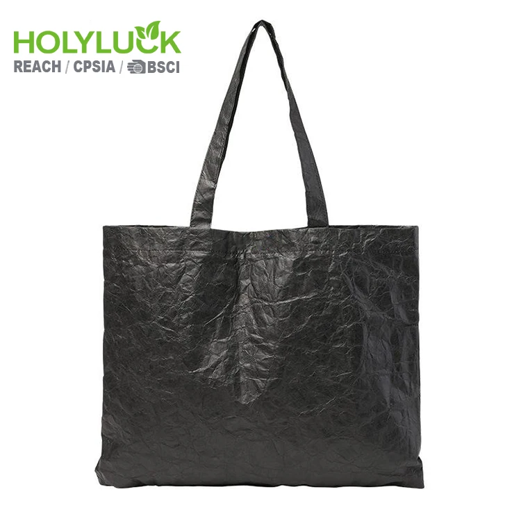 Custom logo Printed Oem Washable Waterproof Brown Dupont Tyvek Kraft Paper Market Tote Shopping Bag Black with Puffer Handles