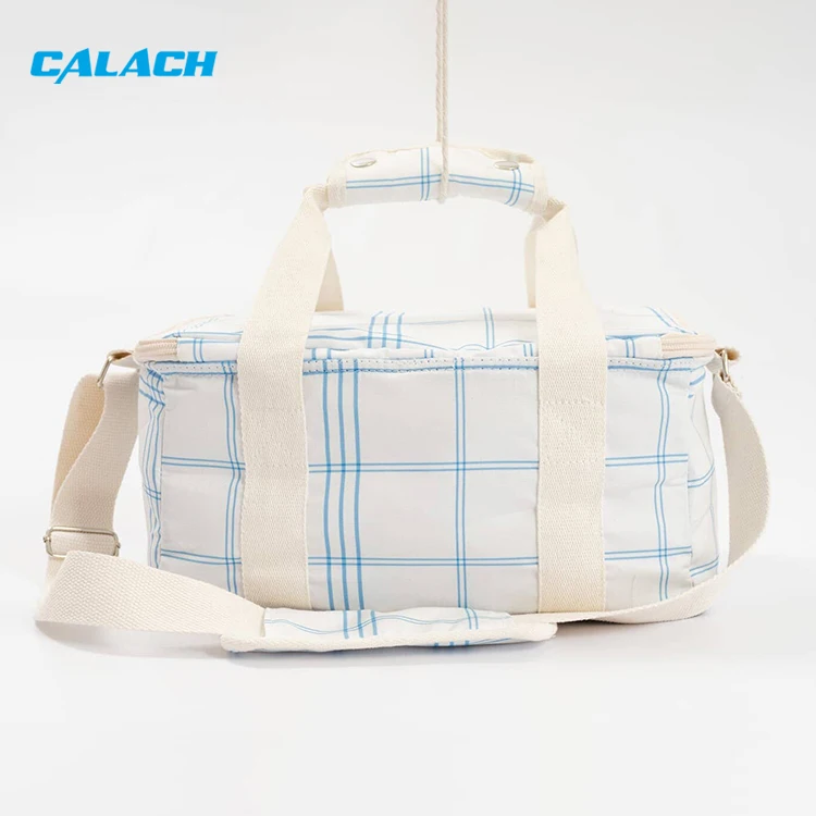 Custom logo Vintage Stripes Canvas Portable Reusable Insulated Shoulder Soft Cooler Tote Lunch Bag for Beach Picnic Park Travel