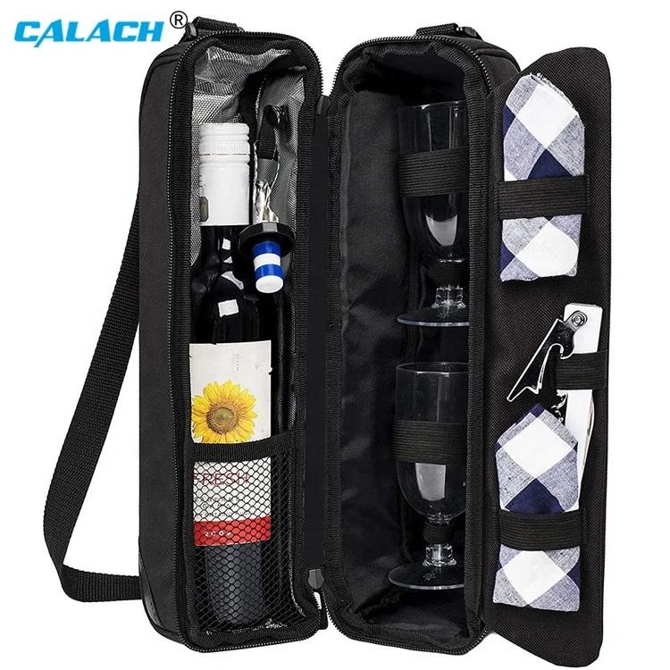 Eco Friendly Freezable Wine Tote Bag With Cooler Compartment Picnic Set Carrying Two Sets of Tableware With Shoulder Strap