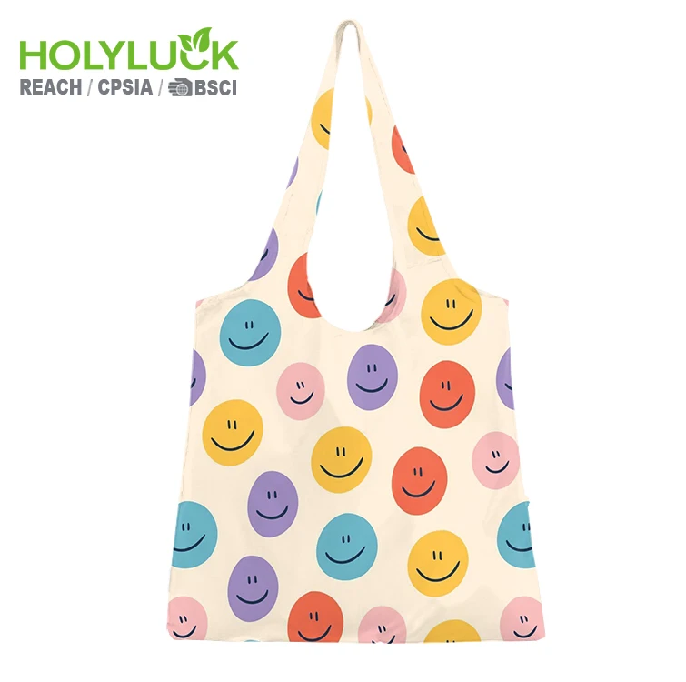 GRS Eco Recycle Folding 190t Polyester Reusable Foldable Tote Carry Biodegradable Reusable Shopping Bags with logo Pouch