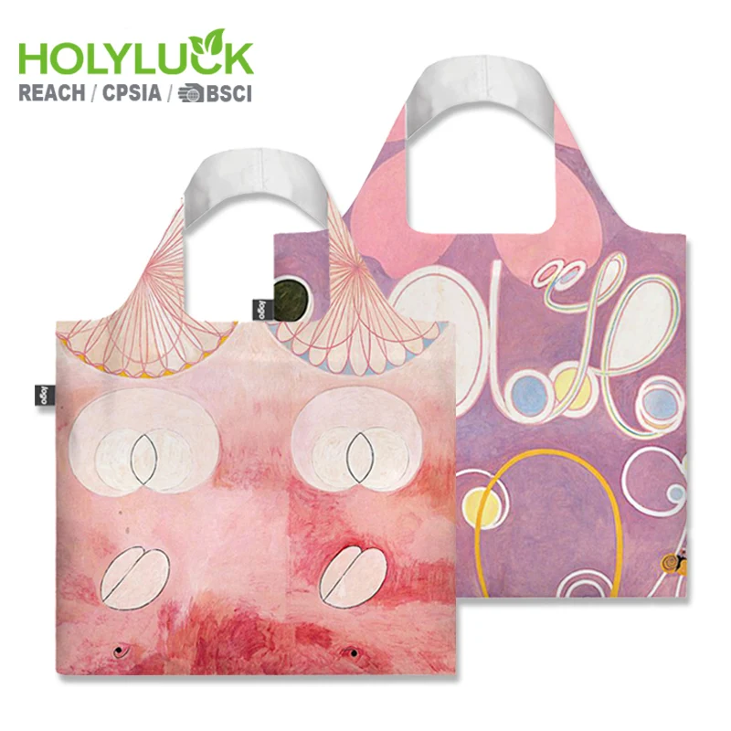 GRS Full Print Portable Rpet Foldable Recycled Polyester Folding Small Reusable Fold Shopping Bag with Custom logo