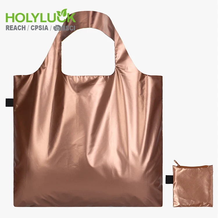 HOLYLUCK Eco Friendly Portable Foldable Metallic Grocery 190t Polyester Tote Folding Shopping Bags