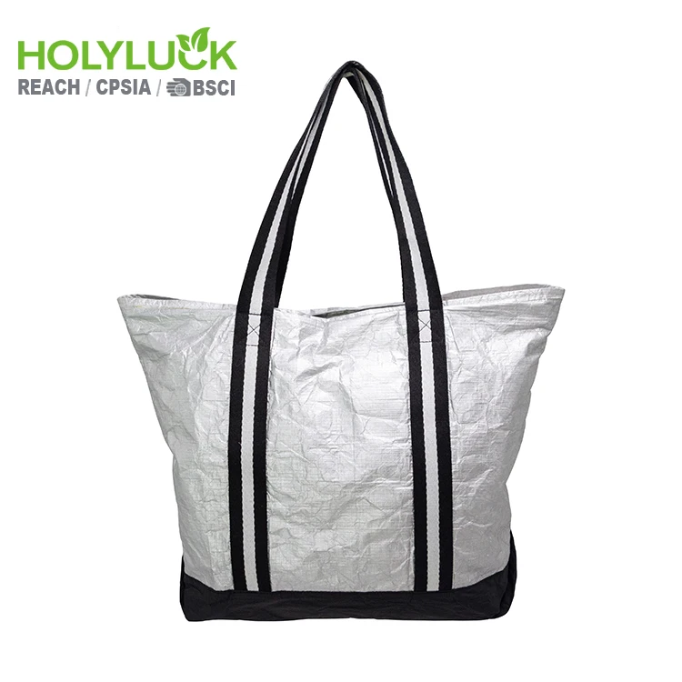 Holyluck Custom Logo Printed Dupont Tyvek Paper Beach Bag Shopping Tyvek Tote Bag With Zipper