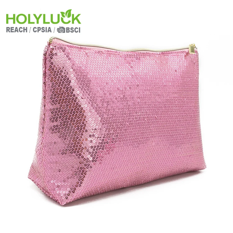 Hot Sale Pu Leather Glitter Sequins Makeup Cosmetic Bag Wholesale Glitter Sequined Beauty pink Cosmetic Bag with Gold Zipper