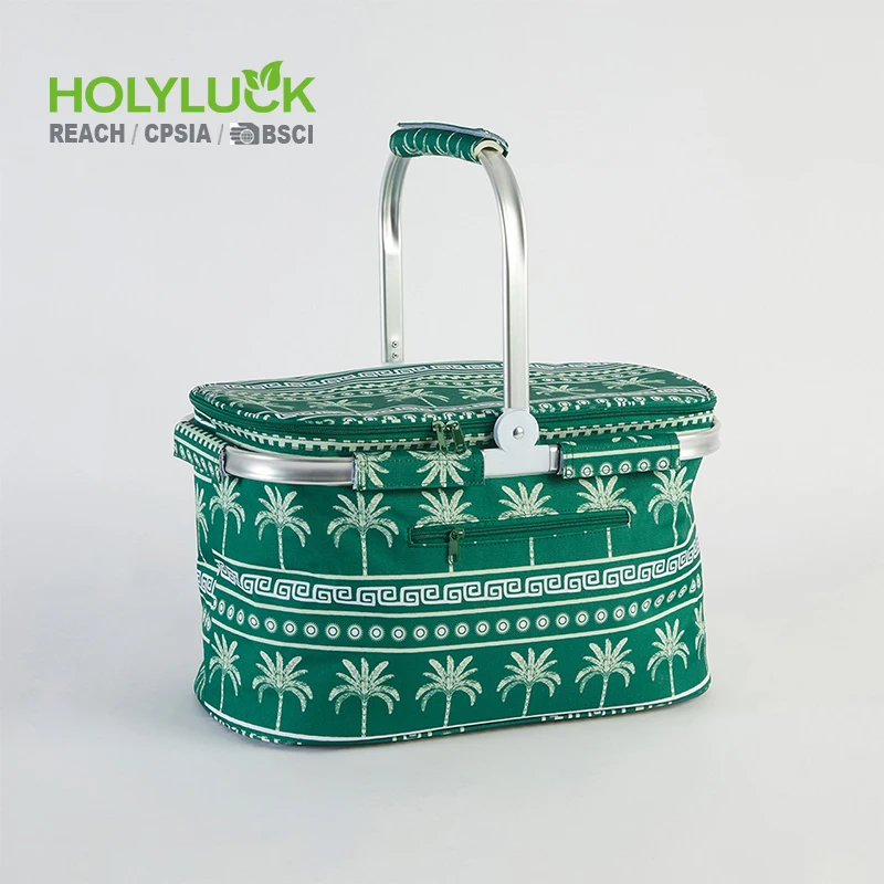 Large Picnic Basket Grocery Bags Folding Insulated Strong Aluminum Frame Market Palm Tree Print Collapsible Shopping Basket