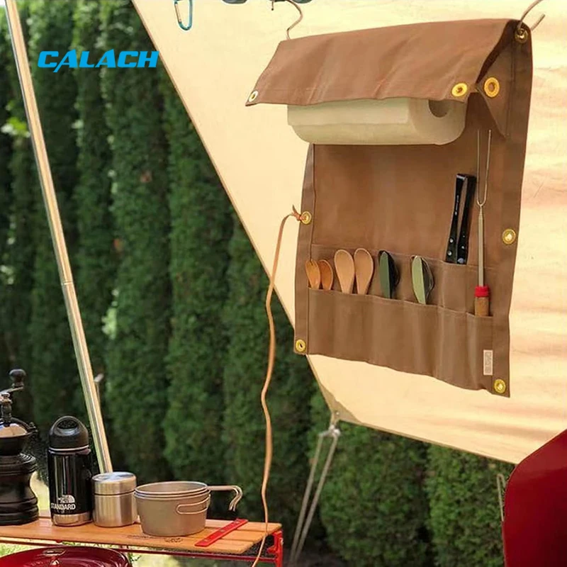 Multi-functional Wall-Mounted Tissue Storage Rack Roll Paper Holder Camping Picnic Cutlery Organizer Pouch Canvas Hanging Bag