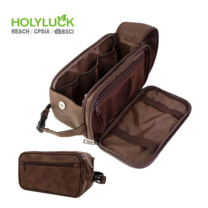 Oem Factory Mens Cosmetic Bag Water Resistant Travel Dopp Kit Leather Toiletry Bag for Men