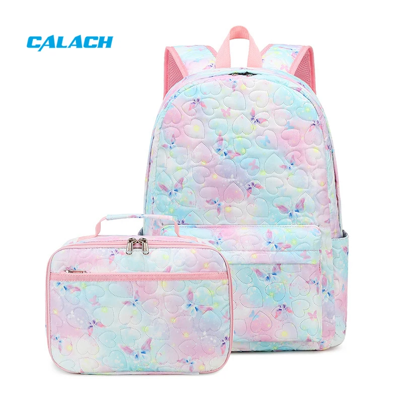 Pink butterfly Kids Schoolbag Two-pieces 2 in 1 Set Cute butterfly Cartoon Girls School Backpack With Lunch Box