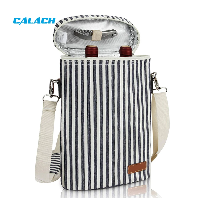 Portable Reusable Wine 2 Bottle Holder Carrier Cotton Canvas Tote Insulated Wine Cooler Bag for Wine Tasting Travel