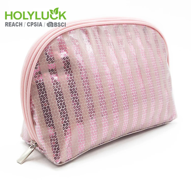 Professional Lady Series Victoria Posh pink Bling Sequin Zip Striped Pvc Custom logo Makeup Organizer Cosmetic Bags for Travel