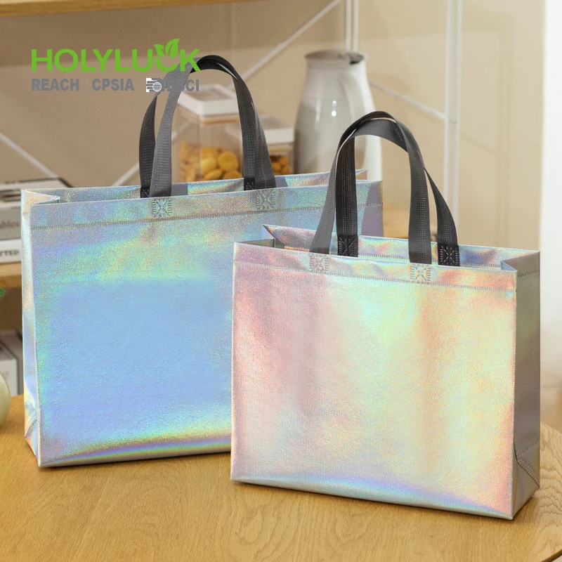 Recycle Reusable Holographic Silver pp Laminated Non Woven Tote Shopping Bag with Custom Printed logo