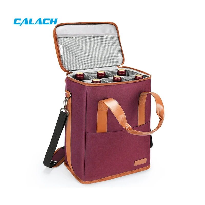 Travel Camping Hiking 6 Bottle Wine Insulated Leak Proof Wine Cooler Carrying Tote Bag with Handle and Shoulder Strap