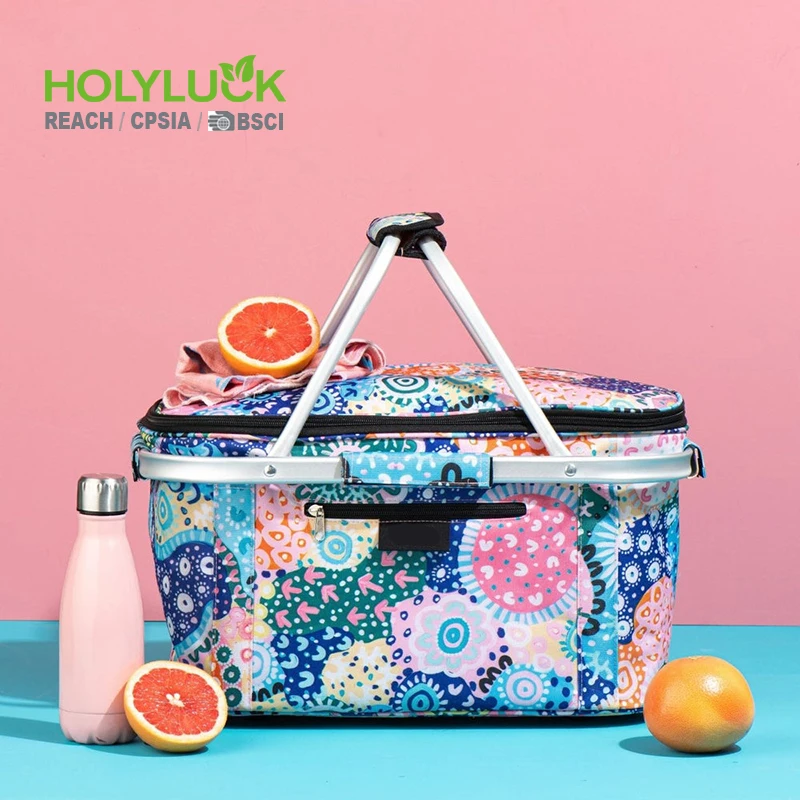 Wholesale Custom Waterproof Insulated Shopping Basket Portable Collapsible Picnic Cooler Basket With Sewn in Frame