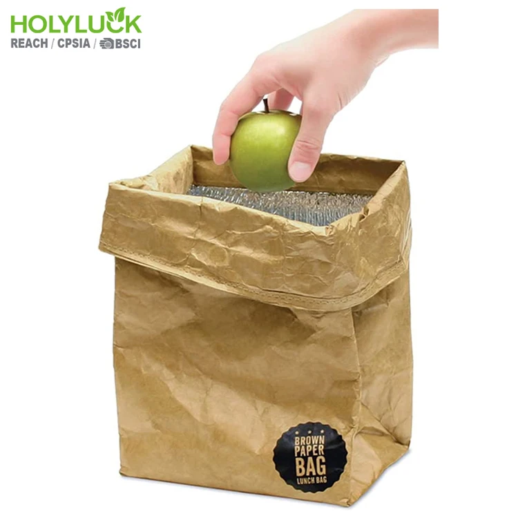 Wholesale Oem Custom Printed Reusable Washable Tyvek Kraft Paper Tyvek Brown Insulated Bottle Cooler Lunch Bag for Food