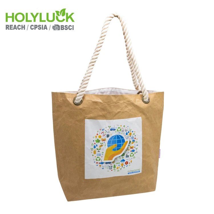 Wholesale Reusable Custom logo Printed Waterproof Washable Plain Brown Kraft Paper Packaging Shopping Tote Bag