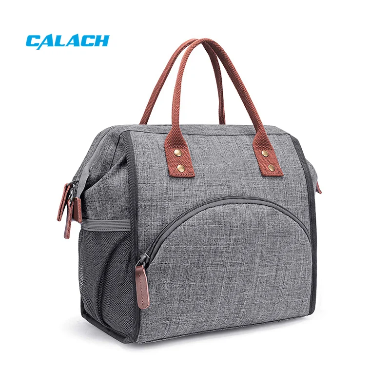 Women Waterproof Ripstop Insulated Durable Nylon Wide-open Grey Lunch Box Bag for Office Beach Picnics